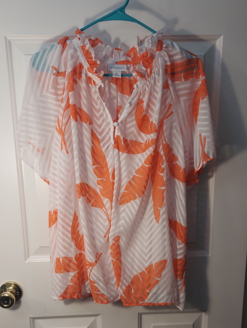 Liz Claiborn Lightweight White & Orange Leaf Print Women’s Blouse NWOT